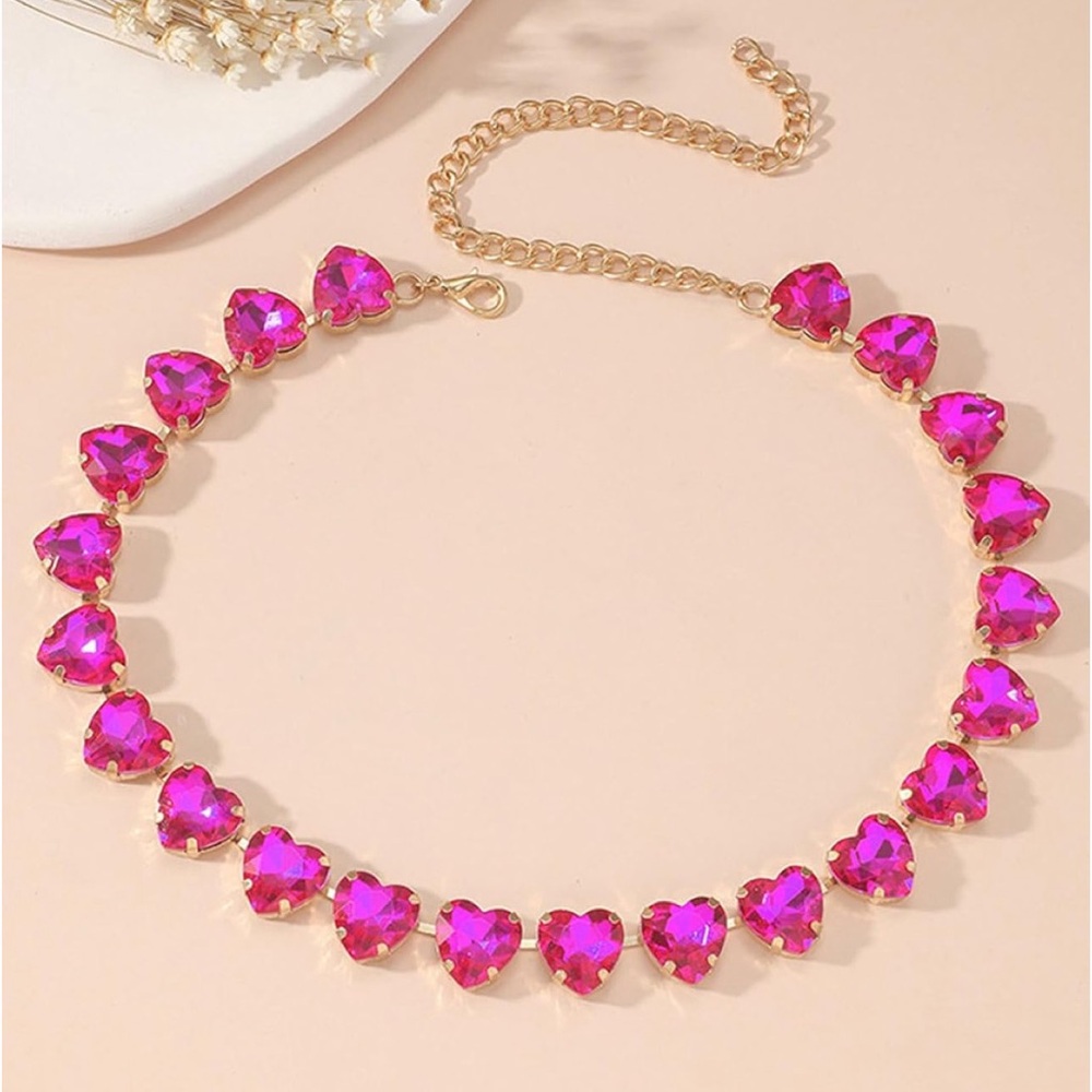 Gold Chain Necklace with Hot Pink Heart Gemstones - Women Jewelry
